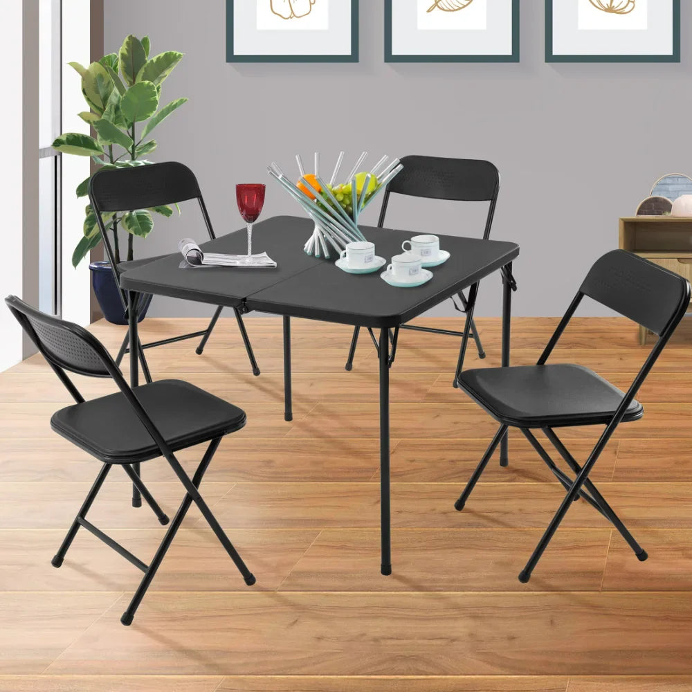 5 Piece Resin Card Table and Four Chairs Set, Black Dining Room Sets