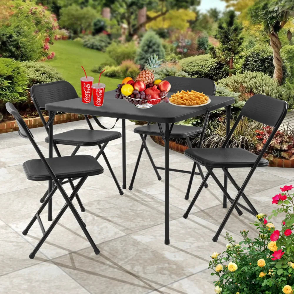 5 Piece Resin Card Table and Four Chairs Set, Black Dining Room Sets