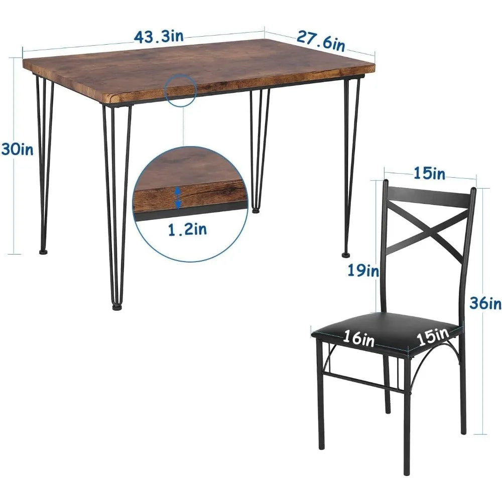 5-Piece Set for Home Kitchen Breakfast Nook, with 4 Chairs, Black, Dining Table for 4, Retro Brown