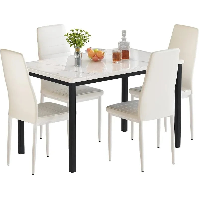 5 Pieces Dining Table Set, Kitchen Table Set with Faux Marble Top Table and 4 Faux Leather Upholstered Chairs for Kitchen,