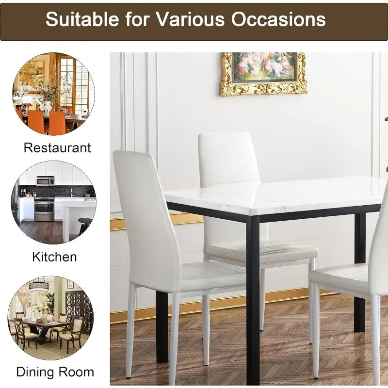 5 Pieces Dining Table Set, Kitchen Table Set with Faux Marble Top Table and 4 Faux Leather Upholstered Chairs for Kitchen,