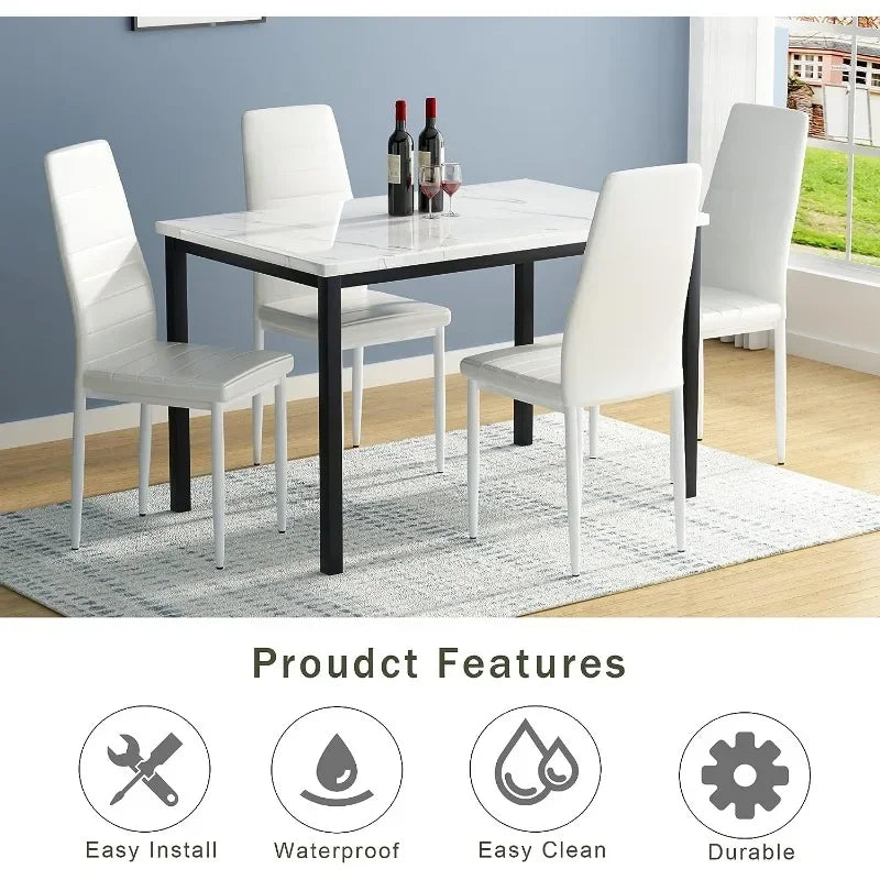 5 Pieces Dining Table Set, Kitchen Table Set with Faux Marble Top Table and 4 Faux Leather Upholstered Chairs for Kitchen,