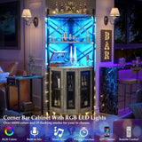 5-Tiers Liquor Cabinet Bar Unit for Home Industrial Wine Cabinet With LED Strip and Glass Holder Table White Oak Tables