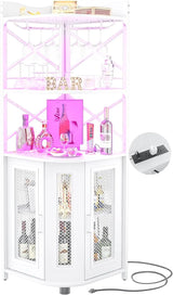 5-Tiers Liquor Cabinet Bar Unit for Home Industrial Wine Cabinet With LED Strip and Glass Holder Table White Oak Tables