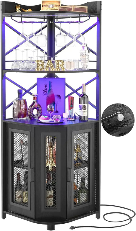 5-Tiers Liquor Cabinet Bar Unit for Home Industrial Wine Cabinet With LED Strip and Glass Holder Table White Oak Tables