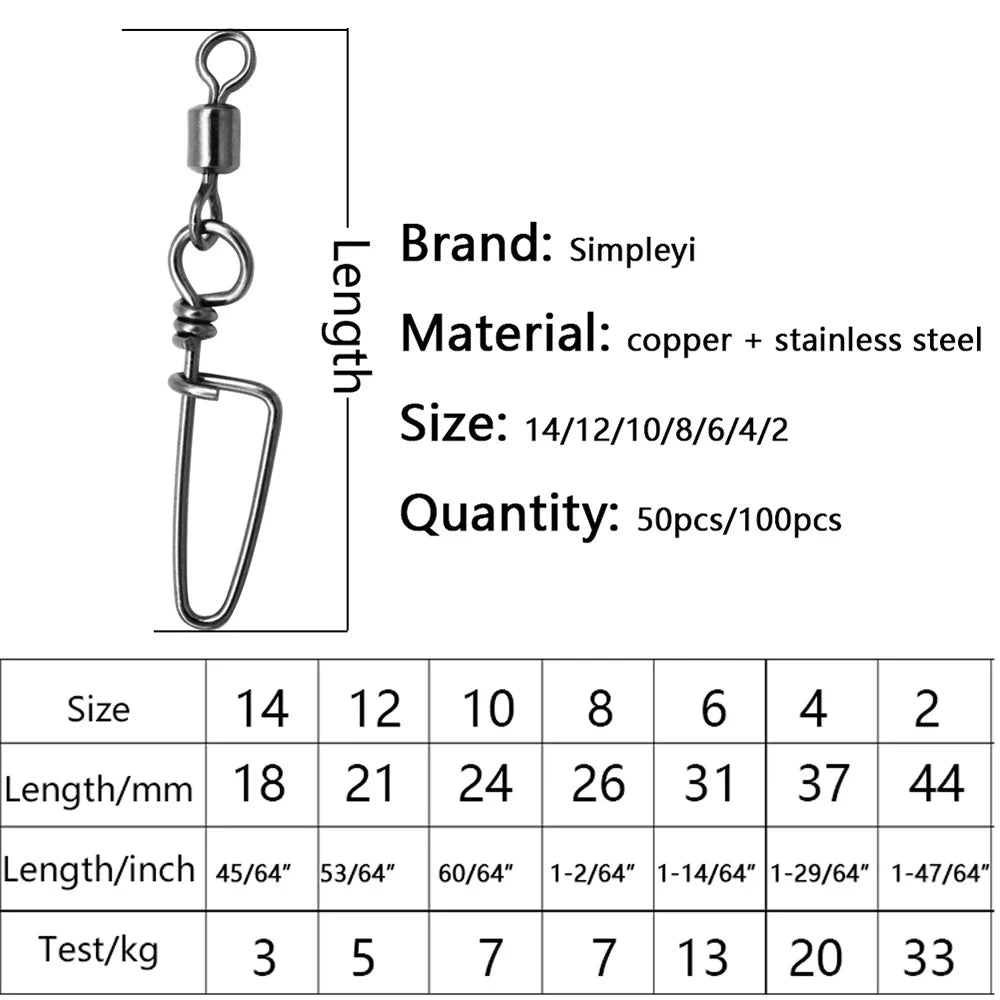 50-100pcs/ 1box  Fishing Connector Swivels Interlock Pin Rolling Swivel With Hooked Snap For Fishhook Lure Fishing Accessories