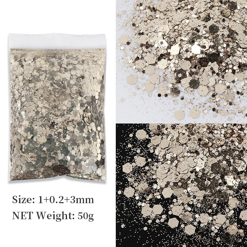 50g Shiny Nail Art Glitter Powder Gold Silver Metallic Pigment Design Dust Decorations Accessories for Gel Nail Polish 0.2mm