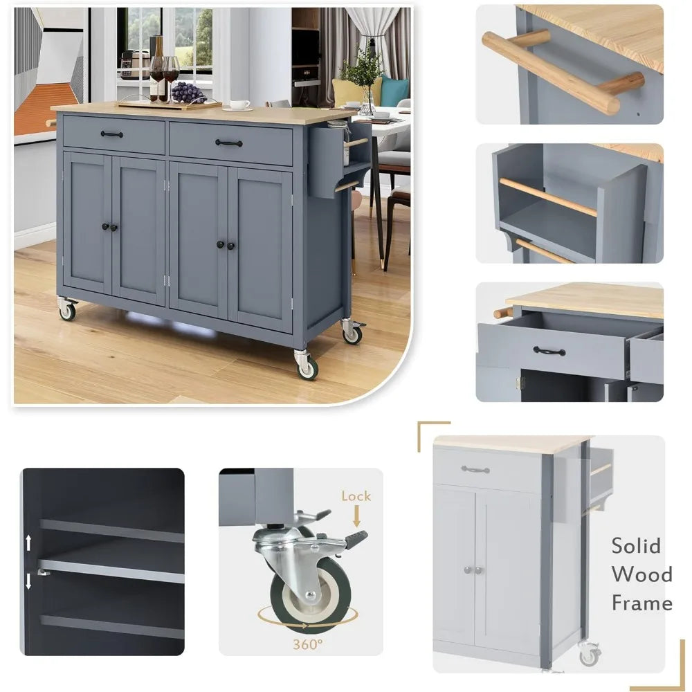 54.3 Inch Width Trolley Organizer Box Kitchen Island Cart With Solid Wood Top & Locking Wheels Two Drawers 4 Door Cabinet Hand