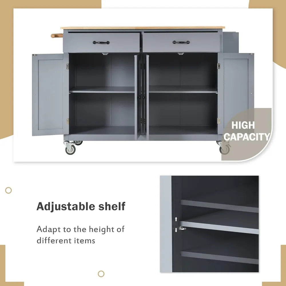 54.3 Inch Width Trolley Organizer Box Kitchen Island Cart With Solid Wood Top & Locking Wheels Two Drawers 4 Door Cabinet Hand