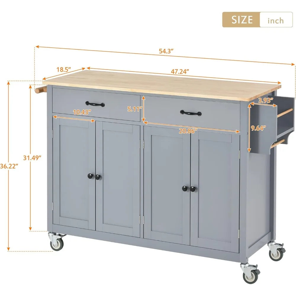 54.3 Inch Width Trolley Organizer Box Kitchen Island Cart With Solid Wood Top & Locking Wheels Two Drawers 4 Door Cabinet Hand