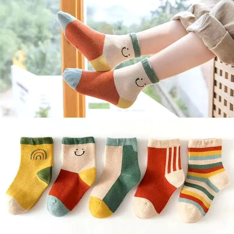 5Pairs Cute Stripe Carttoon Knit Warm Kids Socks For Girls Boys Children Socks Baby Flower Floral Short Socks