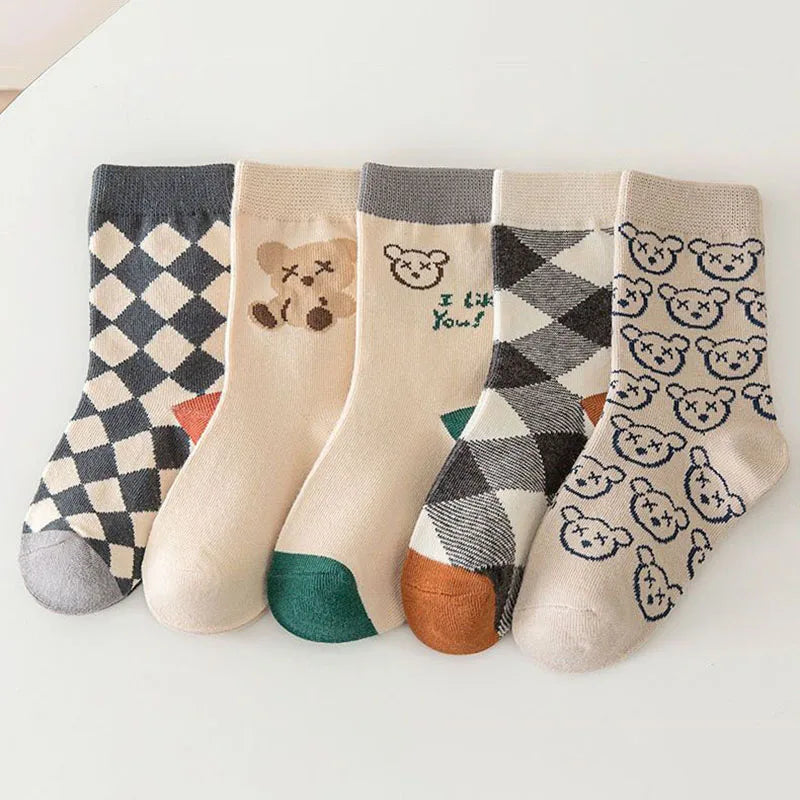 5Pairs/Lot Cute Cartoon Baby Socks Spring Autumn Casual Mid Tube Sock for Toddler Boy Girl Kawaii Bear Kids Sport Socks