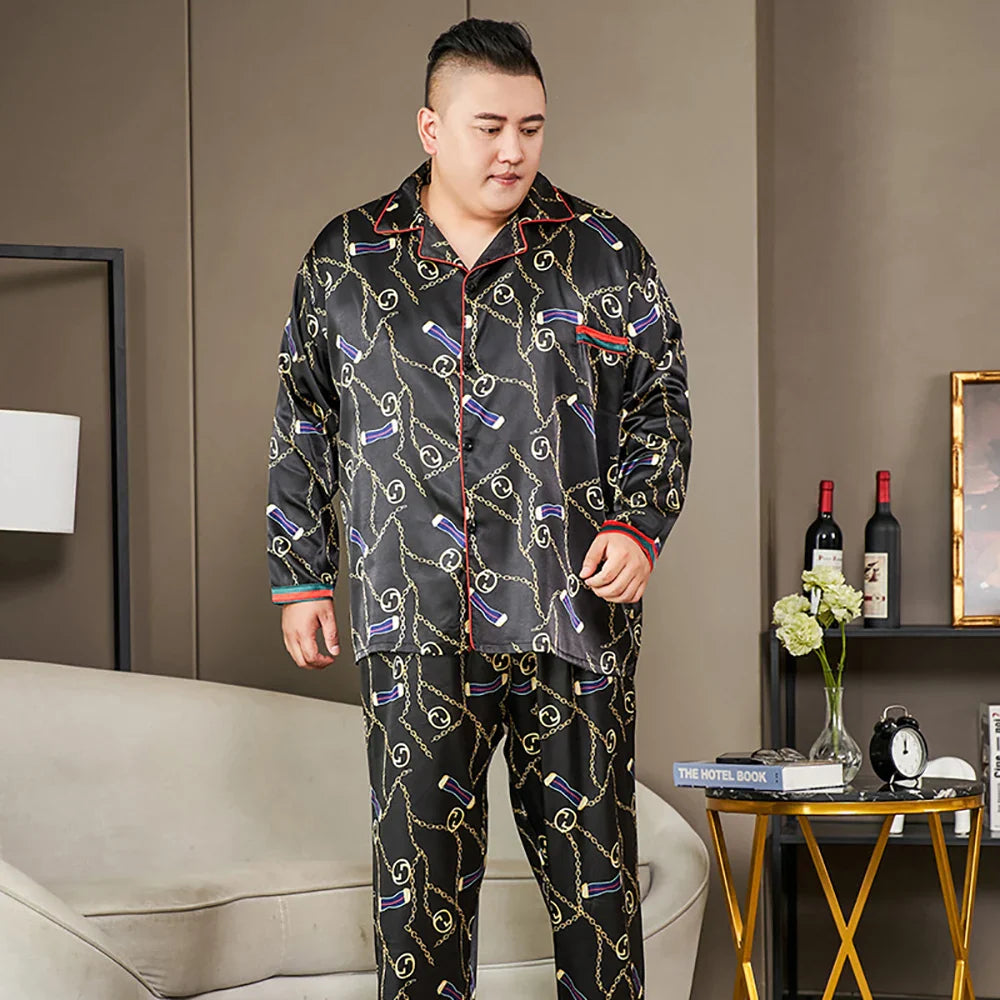 5XL Big Size Pajamas For Men 165KG Spring Summer Ice Silk Satin Cool Pajama Man Set Casual Loose Luxury Print Sleepwear Pijama