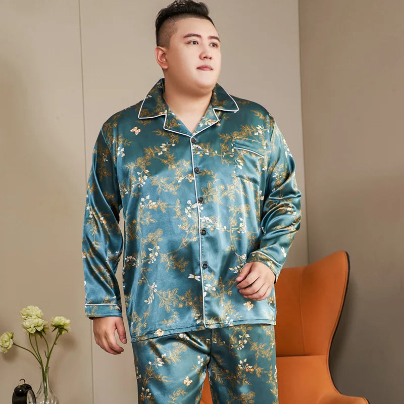 5XL Big Size Pajamas For Men 165KG Spring Summer Ice Silk Satin Cool Pajama Man Set Casual Loose Luxury Print Sleepwear Pijama