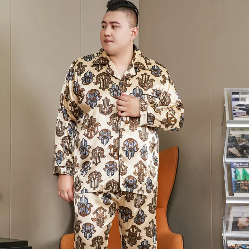 5XL Big Size Pajamas For Men 165KG Spring Summer Ice Silk Satin Cool Pajama Man Set Casual Loose Luxury Print Sleepwear Pijama