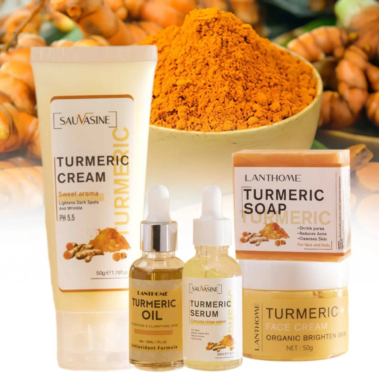 5pcs Face Care Sets Turmeric Facial Acne Cleansing Cream Anti-Aging Serum Dark Skin Moisturizing Spots Turmeric Fade O8B2