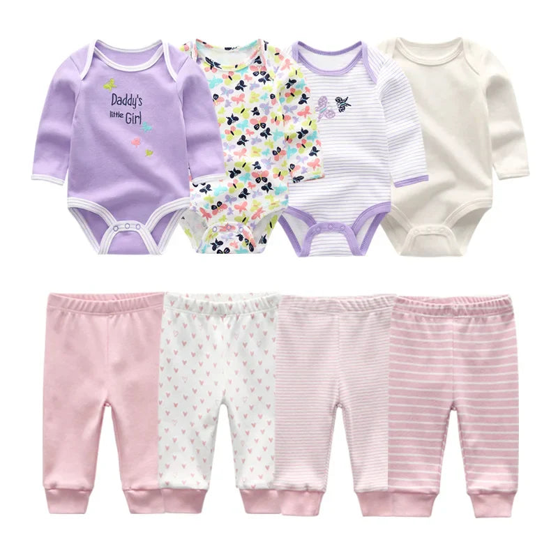 6/8Pieces Cotton Bodysuits+Pants Baby Girl Clothes Sets New Born Long Sleeve Baby Boy Clothes Autumn Winter Cartoon Print Bebes