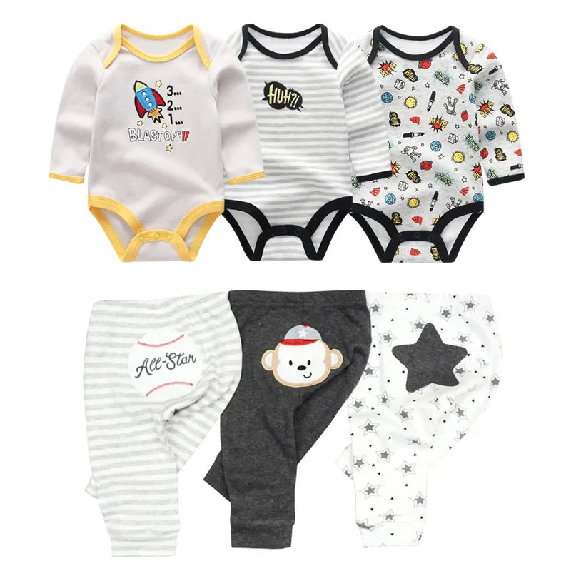 6/8Pieces Cotton Bodysuits+Pants Baby Girl Clothes Sets New Born Long Sleeve Baby Boy Clothes Autumn Winter Cartoon Print Bebes