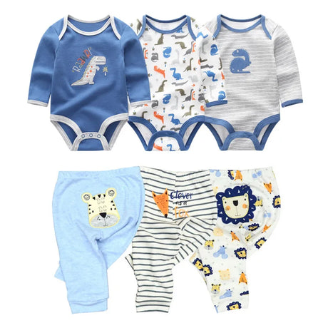 6/8Pieces Cotton Bodysuits+Pants Baby Girl Clothes Sets New Born Long Sleeve Baby Boy Clothes Autumn Winter Cartoon Print Bebes