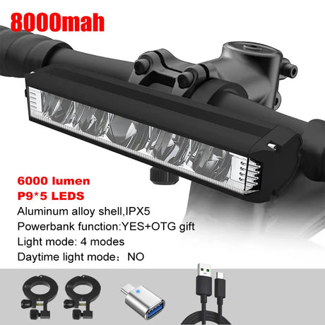 6000LM Bike Front Light Bicycle Lamp 8000Mah Aluminum Alloy Waterproof Flashlight Usb Charge Mountain Mtb Cycling Accessories