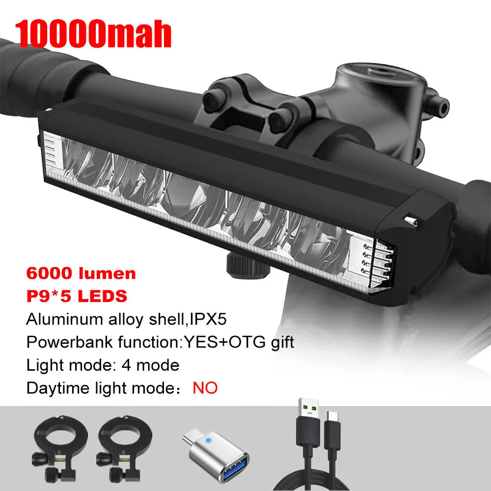 6000LM Bike Front Light Bicycle Lamp 8000Mah Aluminum Alloy Waterproof Flashlight Usb Charge Mountain Mtb Cycling Accessories