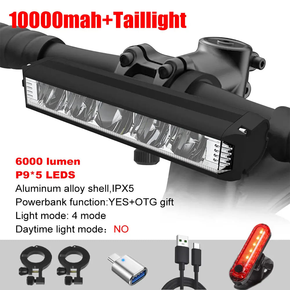 6000LM Bike Front Light Bicycle Lamp 8000Mah Aluminum Alloy Waterproof Flashlight Usb Charge Mountain Mtb Cycling Accessories