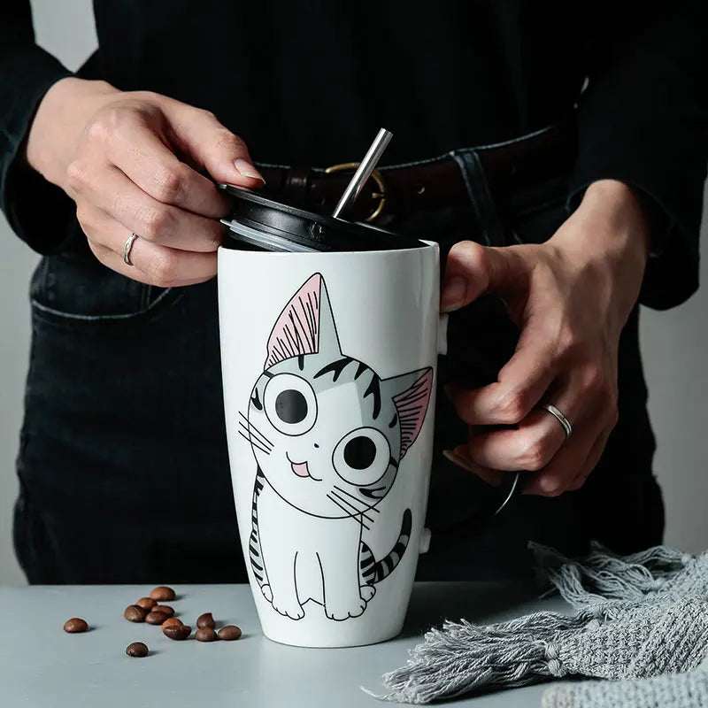 600ml Cute Cat Ceramics Coffee Mug with Lid Large Capacity Animal Mugs Creative Drinkware Coffee Tea Cups Novelty Gifts Milk Cup