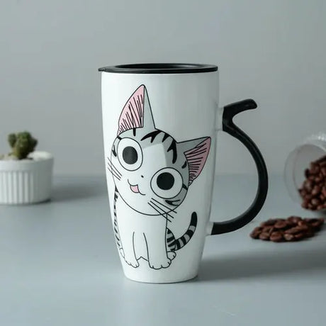 600ml Cute Cat Ceramics Coffee Mug with Lid Large Capacity Animal Mugs Creative Drinkware Coffee Tea Cups Novelty Gifts Milk Cup