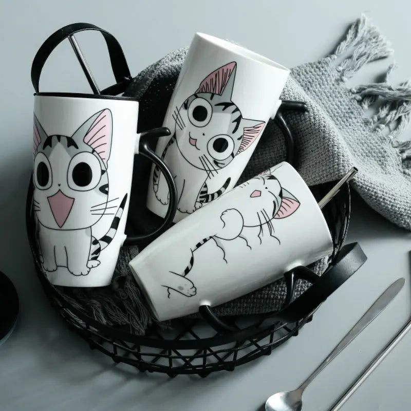 600ml Cute Cat Ceramics Coffee Mug with Lid Large Capacity Animal Mugs Creative Drinkware Coffee Tea Cups Novelty Gifts Milk Cup