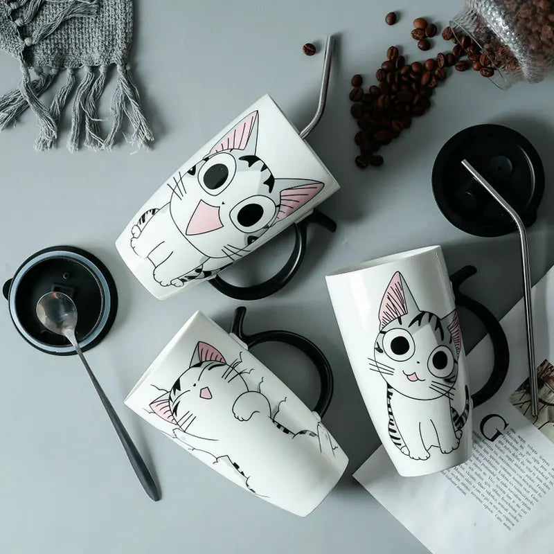 600ml Cute Cat Ceramics Coffee Mug with Lid Large Capacity Animal Mugs Creative Drinkware Coffee Tea Cups Novelty Gifts Milk Cup