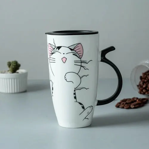 600ml Cute Cat Ceramics Coffee Mug with Lid Large Capacity Animal Mugs Creative Drinkware Coffee Tea Cups Novelty Gifts Milk Cup