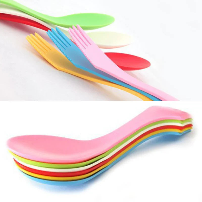 6Pcs/Set 3 In 1 Children Utensil Plastic Spork Combo Travelling Gadget Cutlery Tableware Spoon Fork Cutter Camping Hiking Picnic