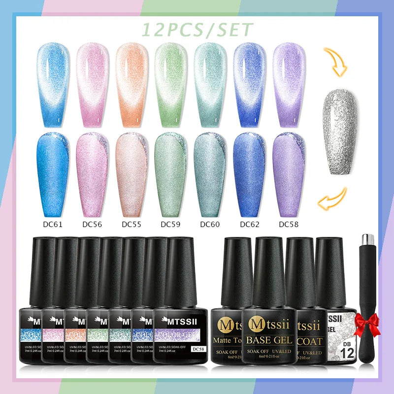 7/10/12PCS/SET Cat Magnetic Gel Nail Polish Set 9D Reflective Glitter Gel Semi Permanent UV Gel Soak Off Sparkling Nail Art Kits