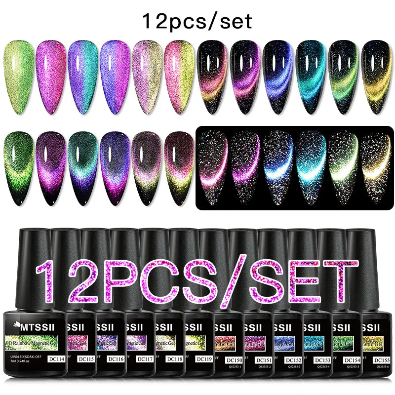 7/10/12PCS/SET Cat Magnetic Gel Nail Polish Set 9D Reflective Glitter Gel Semi Permanent UV Gel Soak Off Sparkling Nail Art Kits