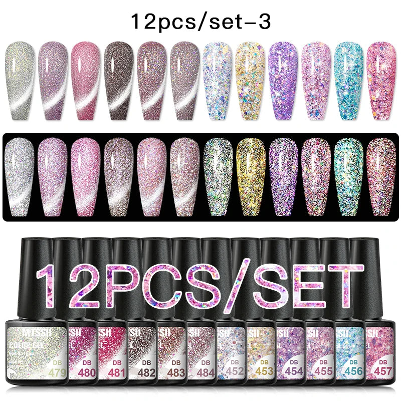 7/10/12PCS/SET Cat Magnetic Gel Nail Polish Set 9D Reflective Glitter Gel Semi Permanent UV Gel Soak Off Sparkling Nail Art Kits