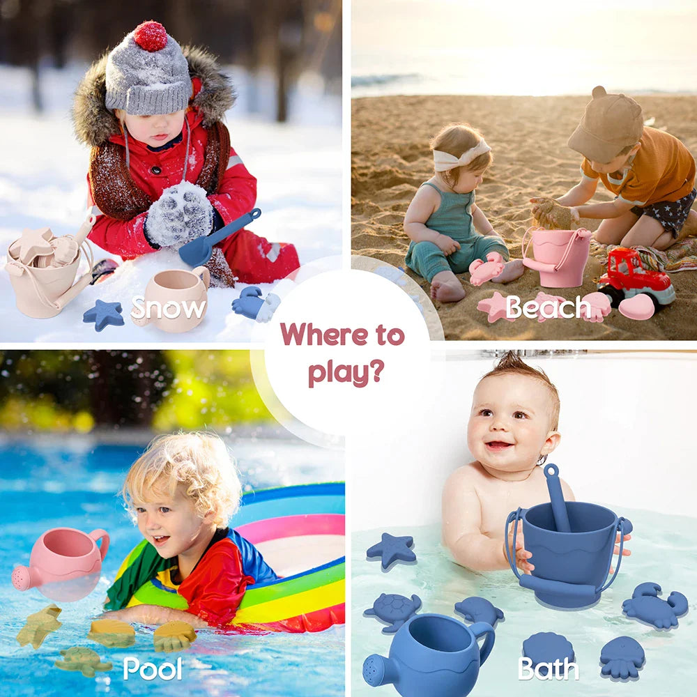 8pcs Beach Toys BPA Free Food-Grade Silicone Fun Summer Outdoor Toys For Kids With Bucket 4 Color Sand Set