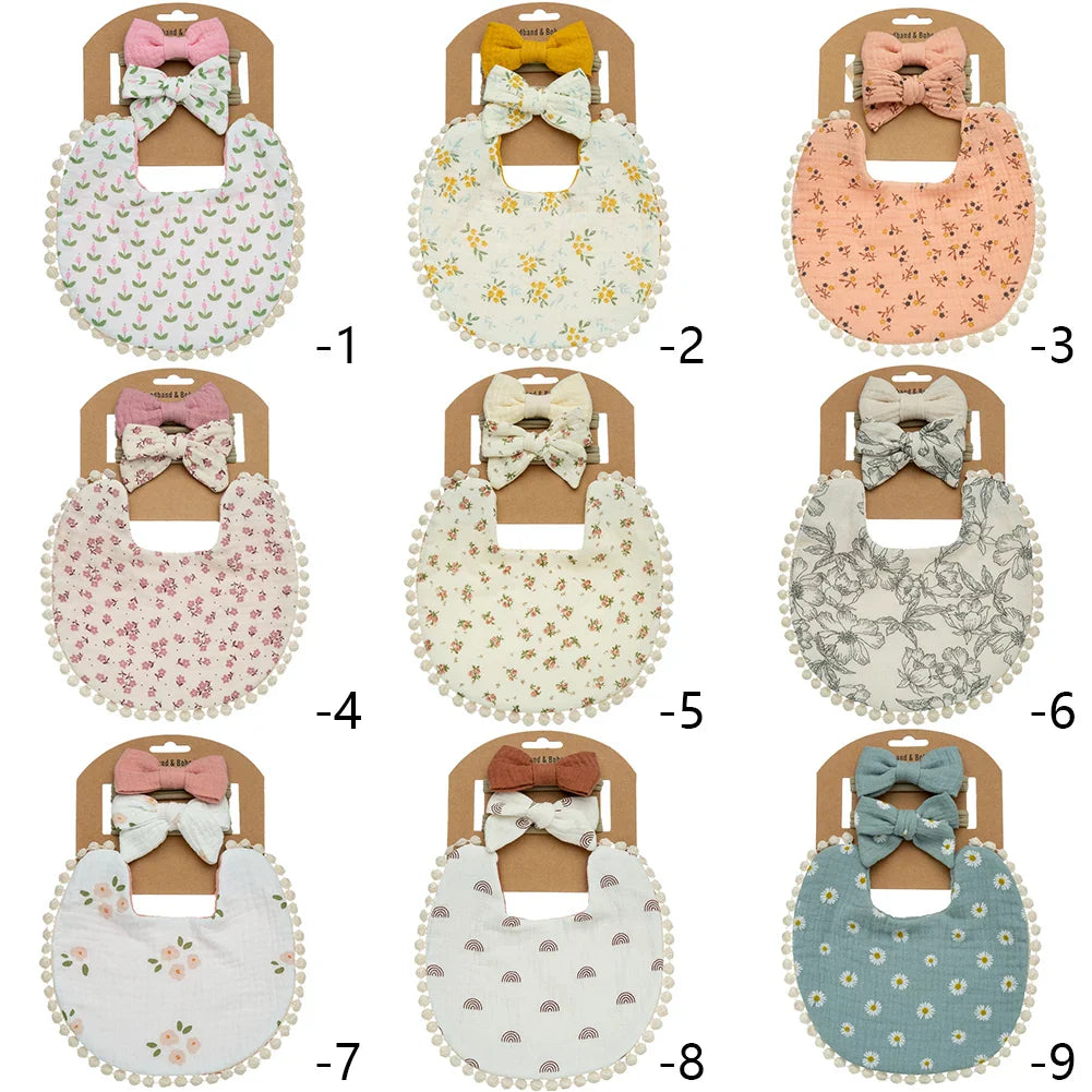 9Sets/Lot Baby Flower Bibs & Headbands Bow Nylon Hairbands Double Side Saliva Towel Feeding Burp Cloth Scarf Boys Girls Headwear