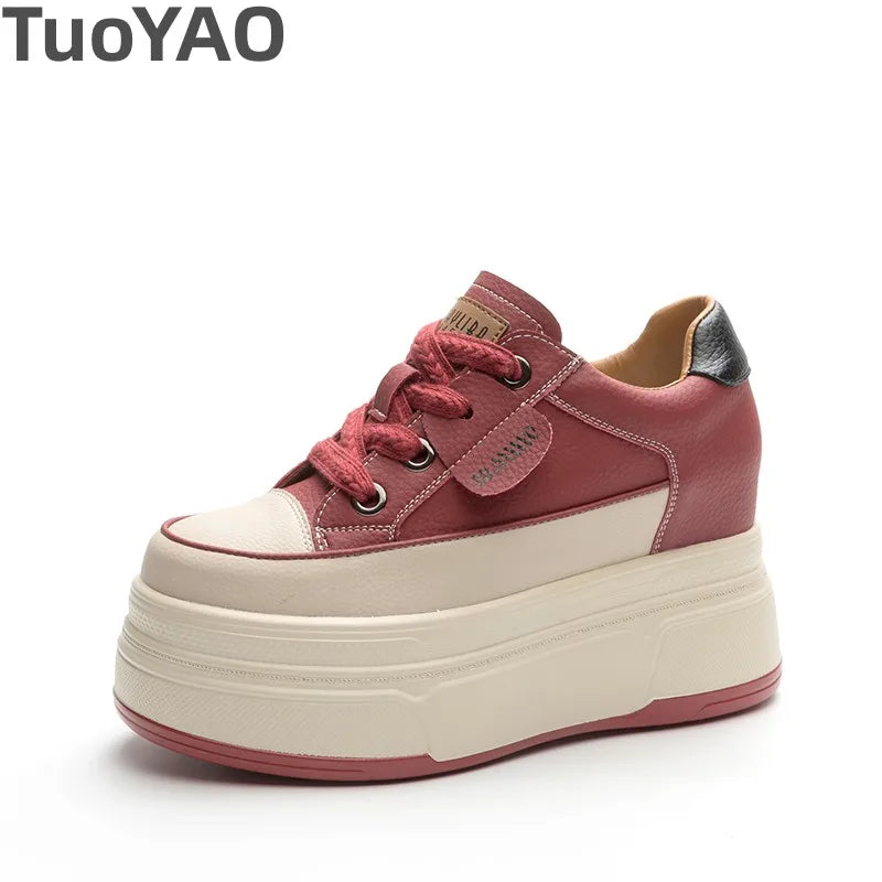 9cm Genuine Leather Platform Sneakers Wedge Shoes for Women Breathable Sneakers Autumn Casual Shoes Hidden Heel Zapatillas Mujer