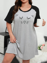 Plus Size Fashion Loungewear Dress, Women's Plus Cartoon Cat Print Raglan Short Sleeve Medium Stretch Comfort Nightdress