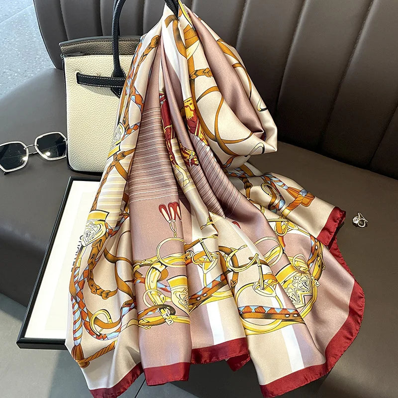 180*90cm Large Silk Satin Scarf Hijab Women Print Spring New Shawl Wrap Female Hand Foulard Pashmina Travel Echarpe 2022 NEW