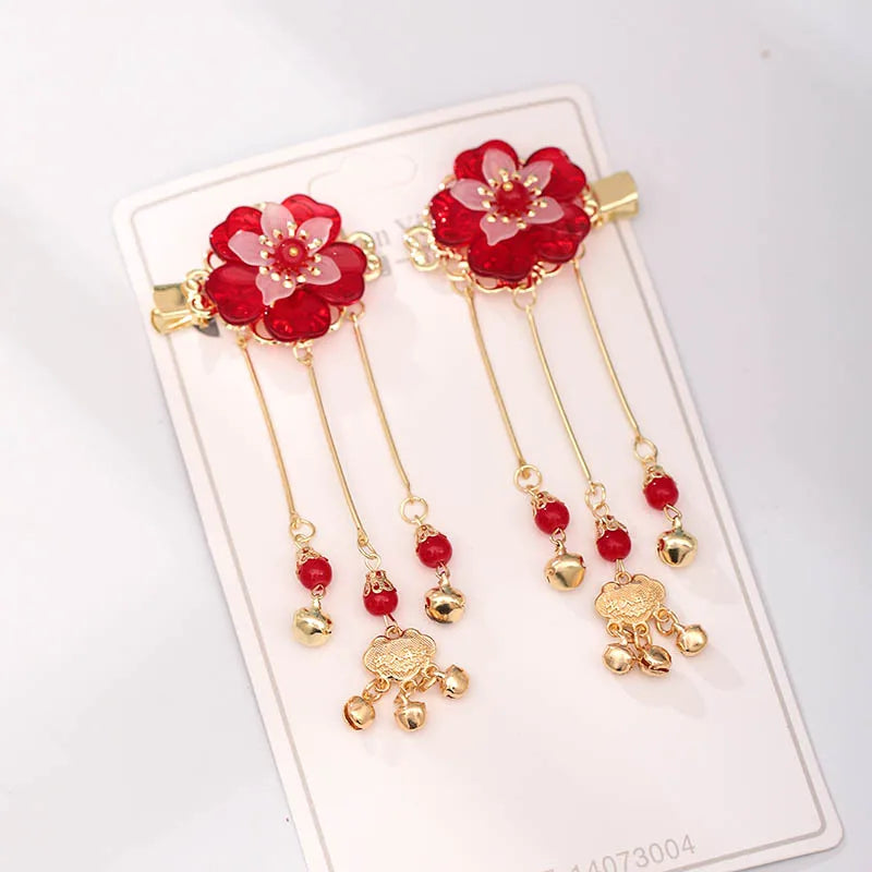 1pair Chinese Hanfu Hair Accessories Red Flower Hairpins Vintage Dress Headwear Long Butterfly Tassels Hair Clip Noiva Jewelry