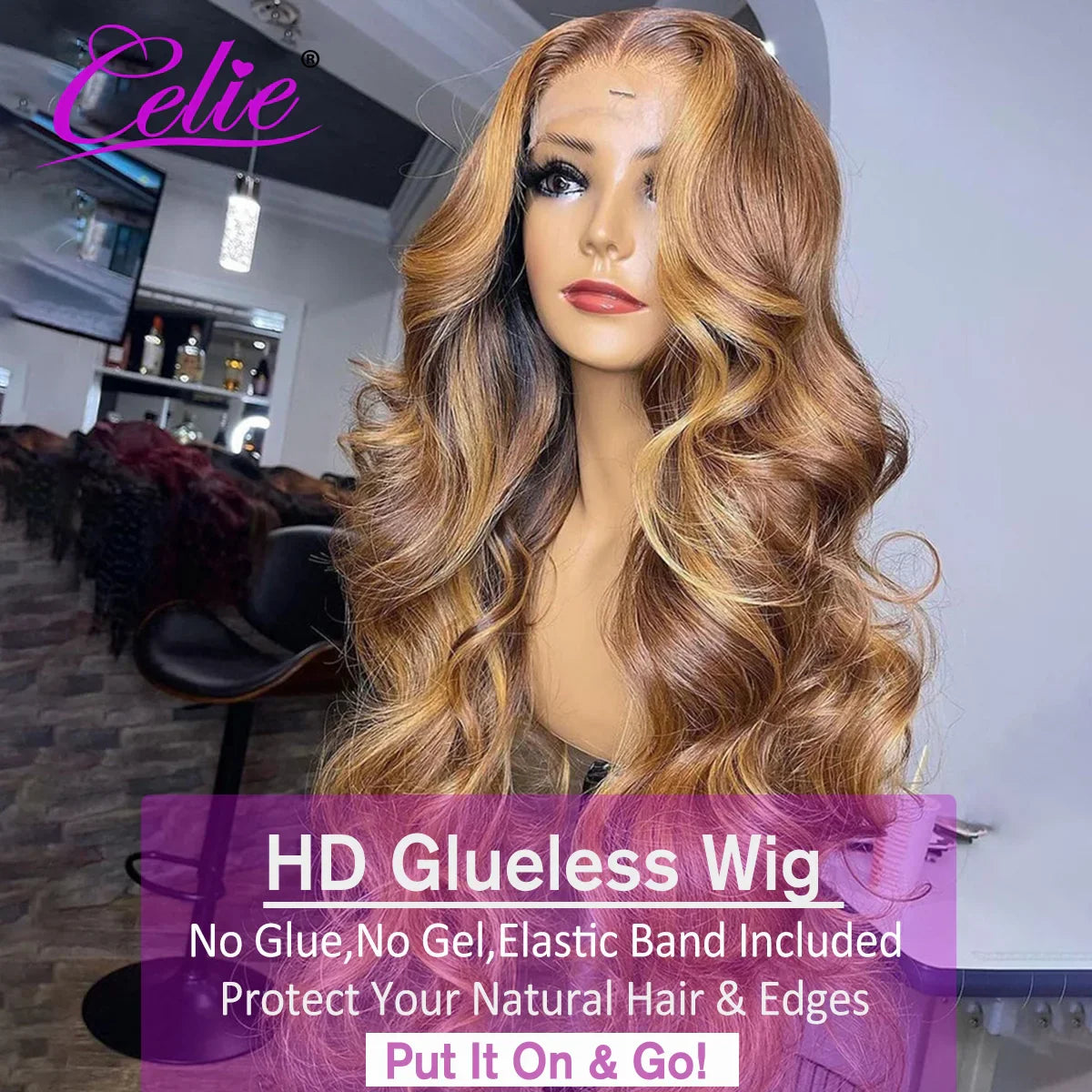 Celie Glueless Highlight Wig Human Hair Body Wave HD Transparent Ombre Colored Human Hair Wigs 4 27 Honey Blonde Lace Front Wig