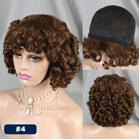 200% 99J Burgundy Bouncy Curly Human Hair Wigs with Bangs Full Machine Made Wig Afro Kinky Curly Short Bob Wigs for Black Women