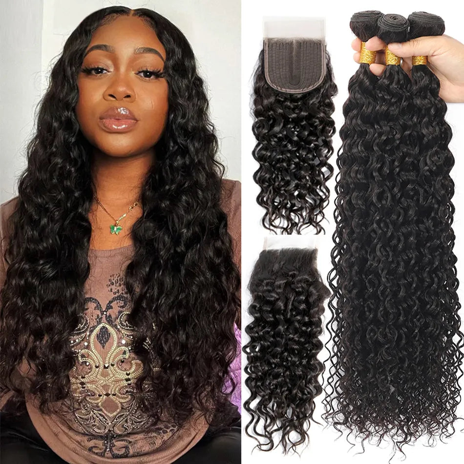 Tissage Peruvian Water Wave Bundles With Closure Curly 3 Bundles With Closure Long Wet And Wavy Human Hair Bundles With Closure