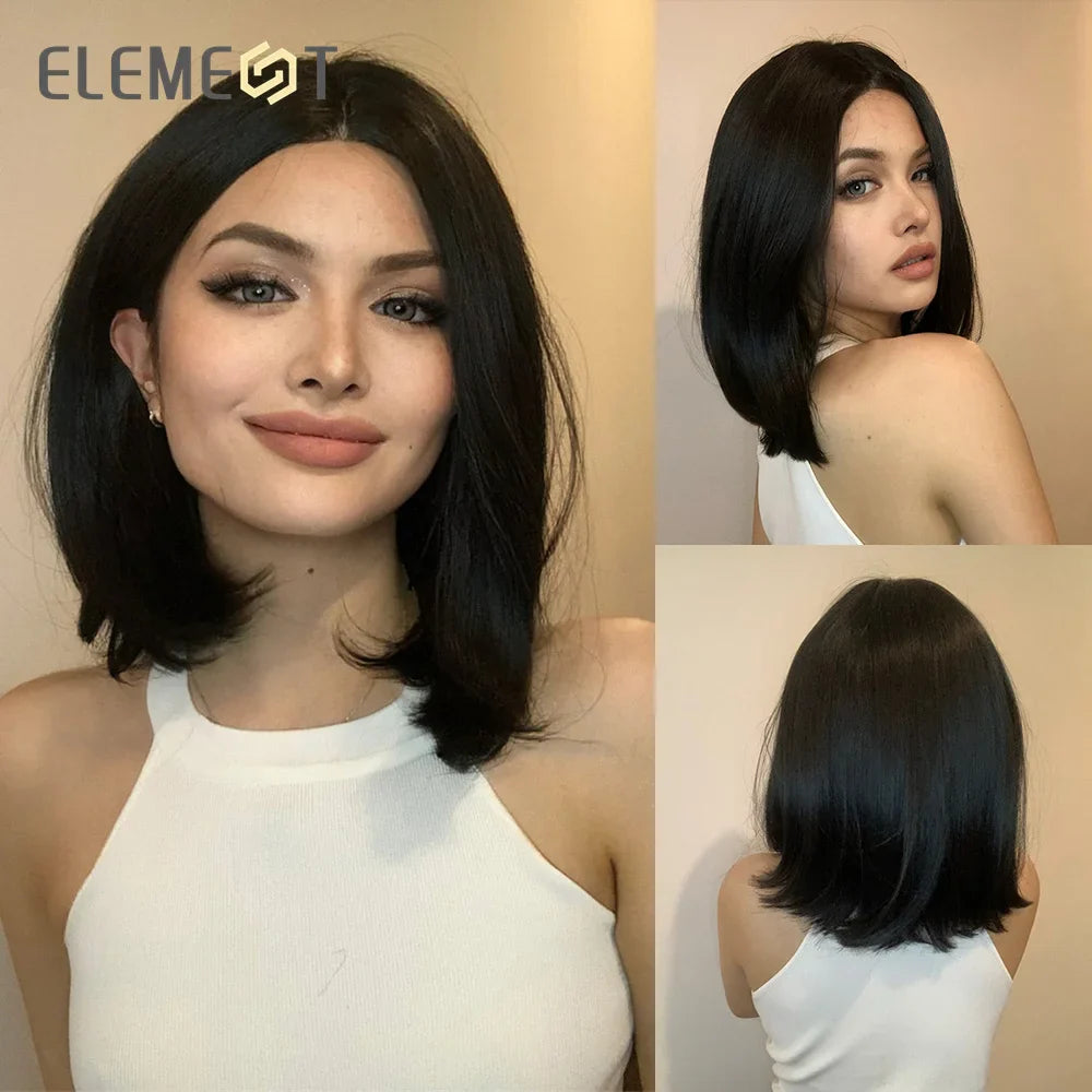 ELEMENT Elegant Part Front Lace Synthetic Wig Short Medium Straight Wavy Black Hair Wigs for Women Ladies Daily Party Natural