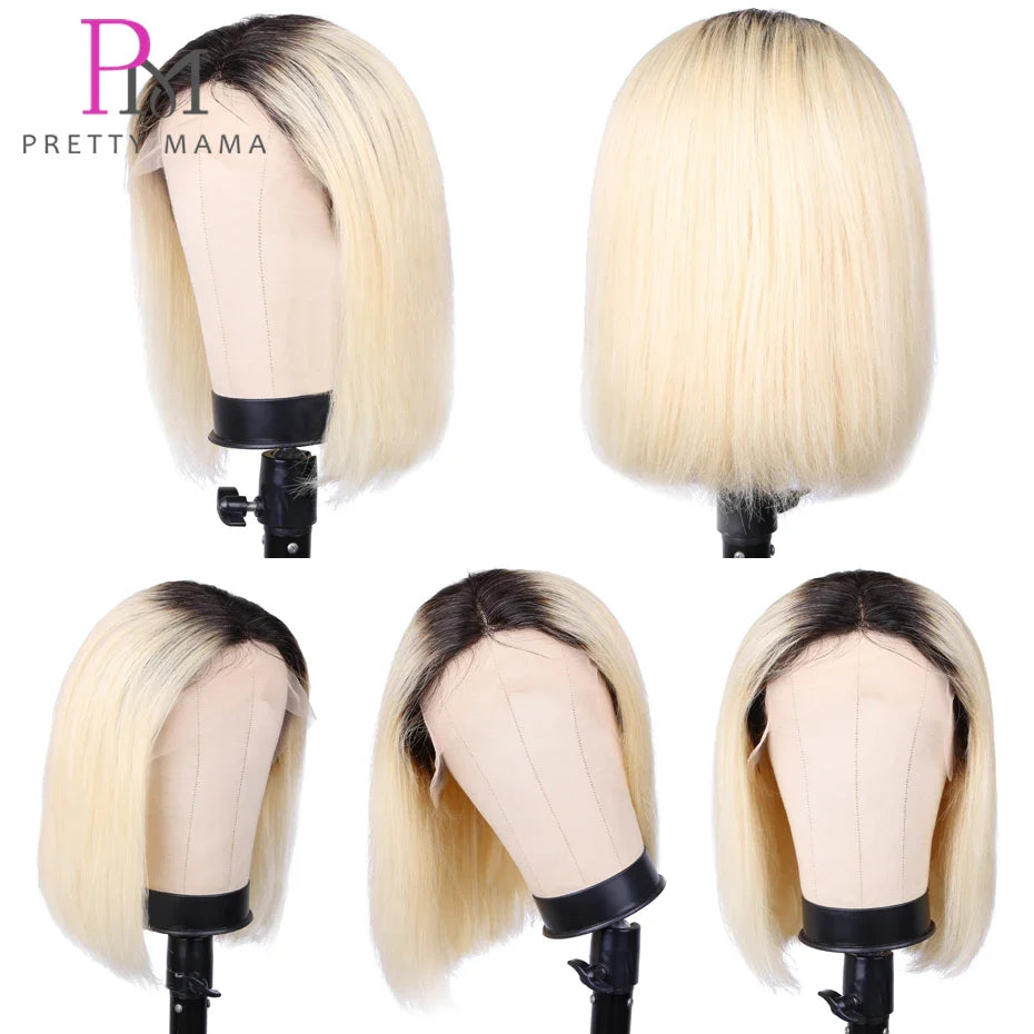 Short Bob Hair Wig Human Hair Wigs On Sale Clearance 1B 613 4x4 Closure Human Hair Wig Ombre Blonde Part Lace Wigs For Women