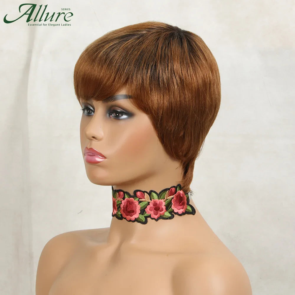 Ombre Brown Pixie Cut Bob Human Hair Wig With Bangs For Black Women Short Pixie Cut Wig Wear to Go Brazilian Hair Wig Allure