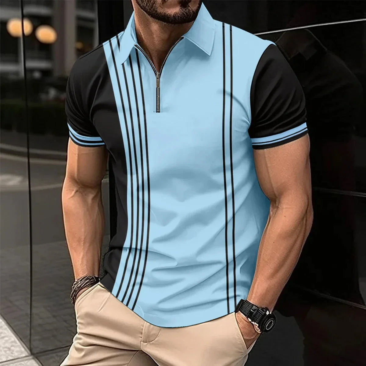 Design Striped Polo Shirt Summer Men's Tops Business Casual Lapel Button Zipper Polo Shirts Fashion Golf Clothing Sales