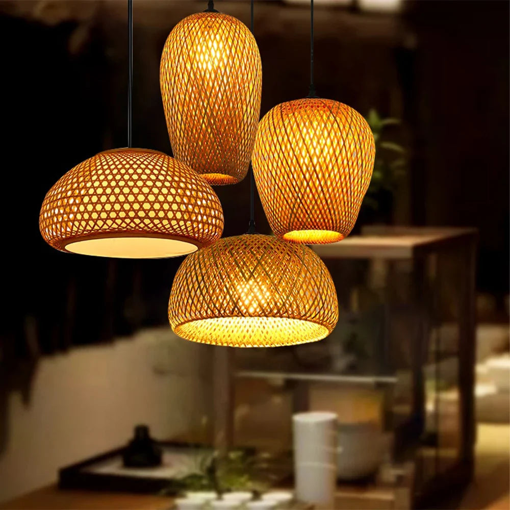 Classical Bamboo Weaving Chandelier Lamp Handmade Pendant Light Hanging LED Ceiling Fixtures Rattan Woven Home Bedroom Decors