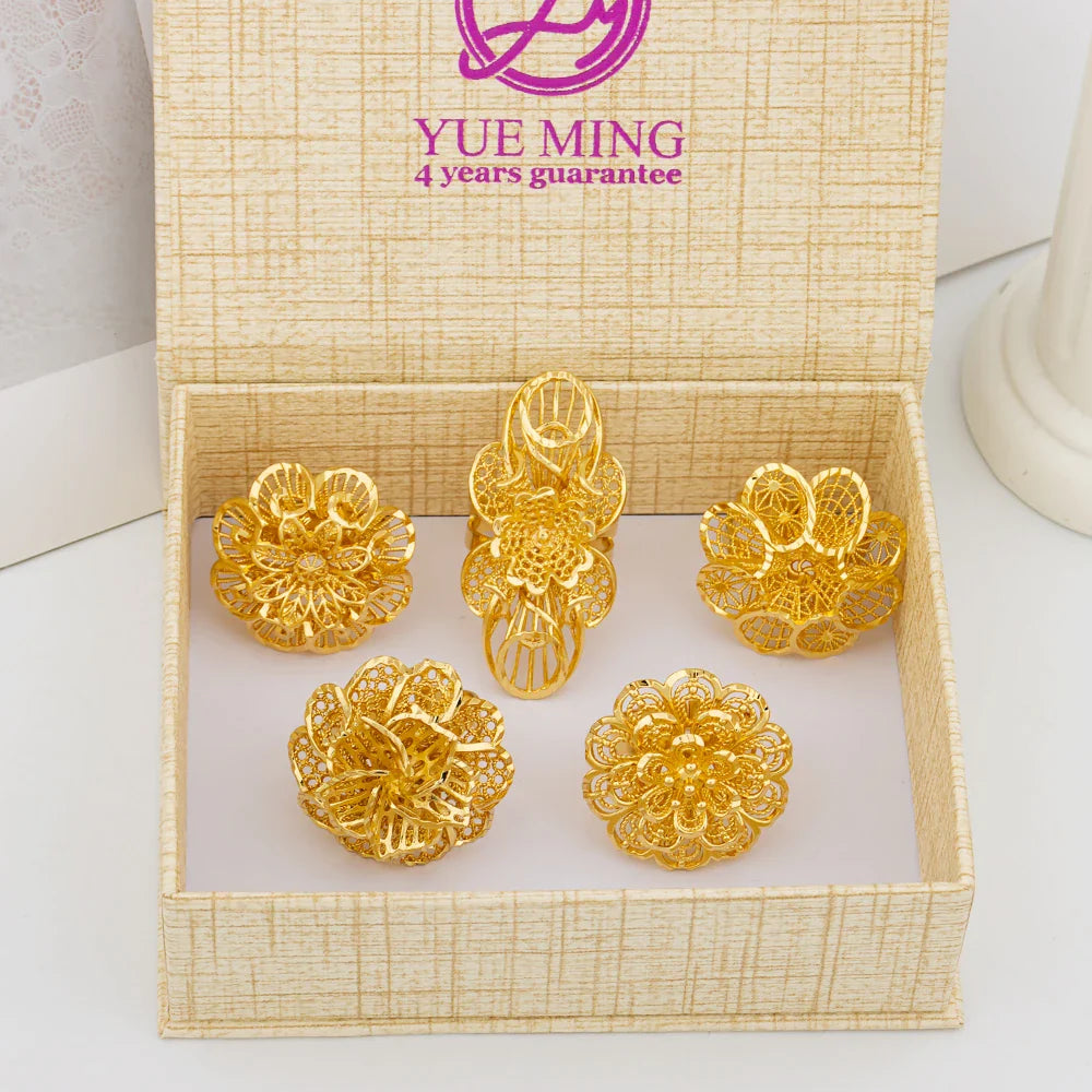 Italian Gold Plated Jewelry Set Unique Finger Ring Women Big Style Flower Elegant Rings Jewellery Sets Adjustable Ring Gifts